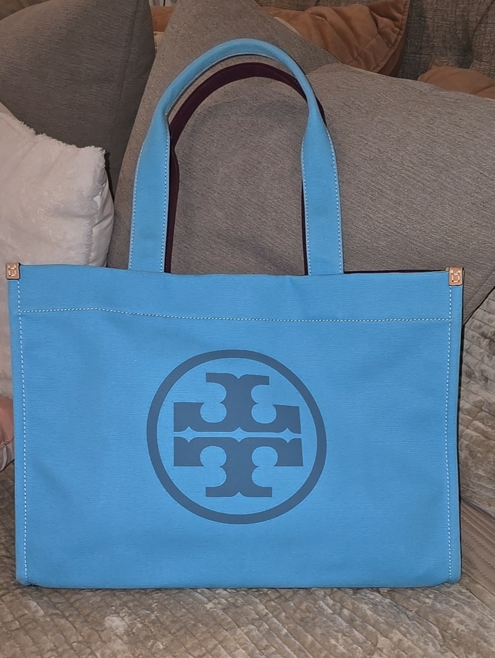 AUTHENTUC Tory Burch Light Blue Canvas Logo Tote with Navy Emblem